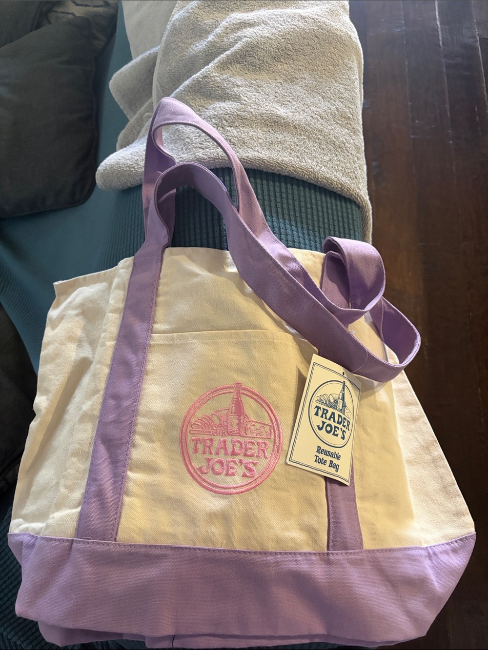 Trader Joe's Lavender Trim Canvas Tote Bag